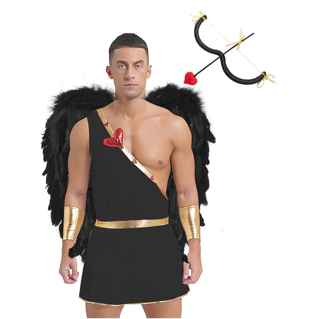 Mens Valentine Cupid Cosplay Costume Heart Shaped One Shoulder Romper Bodysuit Detachable Cuffs Feather Wings Set