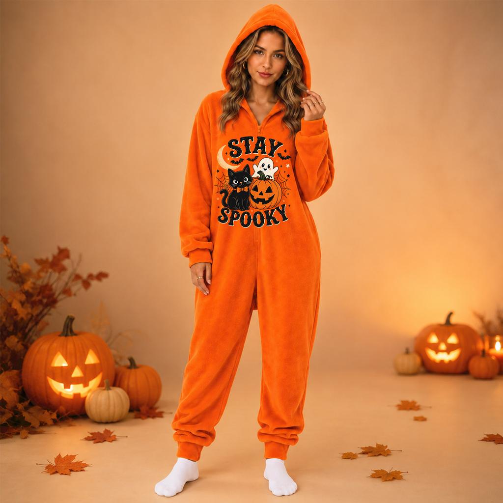 Women's Flannel One-Piece Jumpsuit with Halloween Print for and Costume Wear