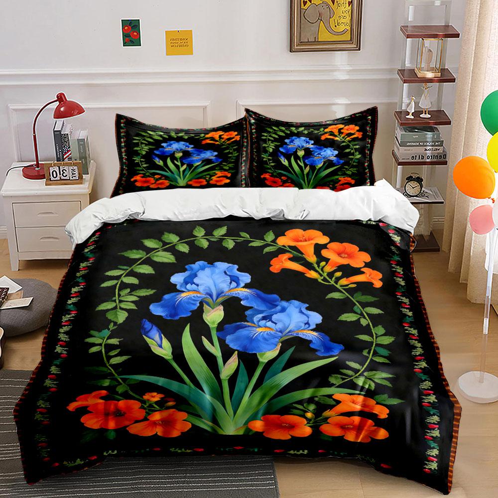 Blaue Iris, orange Blumen. Bettwäsche-Sets Bettbezug-Sets Bettbezüge Kissenbezüge(1 * Bettbezug 2 * Kissenbezüge ohne Bettdecke)