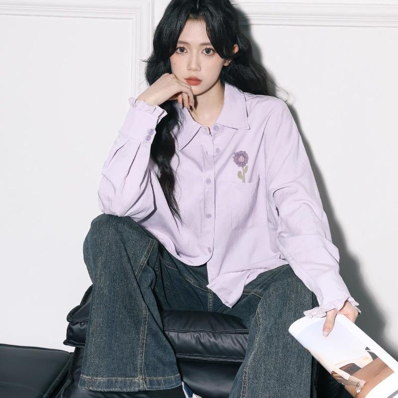 

Женская рубашка с цветочной вышивкой, однотонная, с длинным рукавом, с отложным воротником, блузка, корейская, весенне-осенняя, свободная, модный женский топ XL