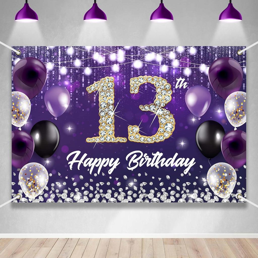 Happy 60th Birthday Backdrop Banner Purple Theme Background with Shiny Diamond Noble Elegant Birthday Party Photo Photography Prop Booth Background