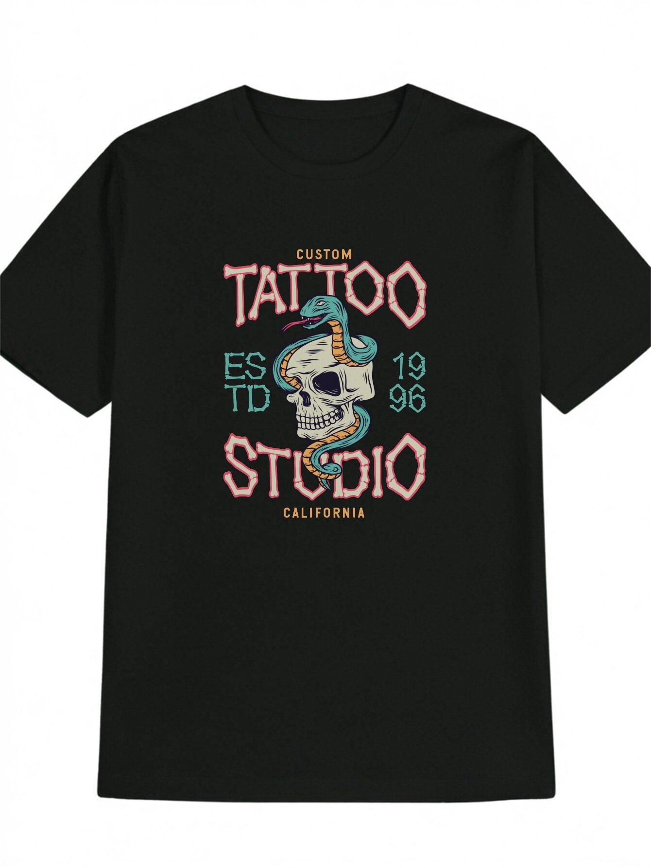 Casual Round Neck T-shirt with Bold Tattoo Studio Graphic Print - Black S
