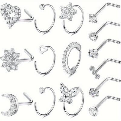 Florideco Surgical Steel Nose Ring 20G Heart CZ Moon Hoop L Shaped Piercing Jewelry for Women