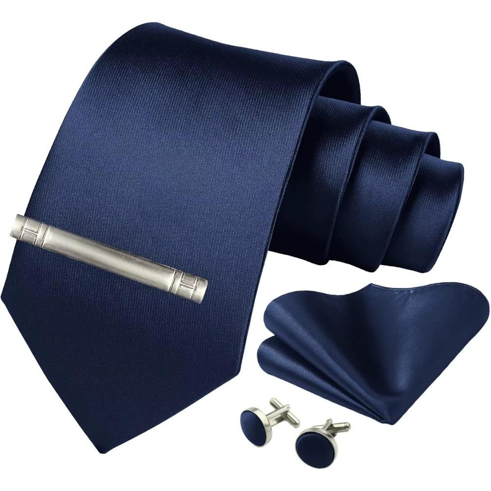Mens Silk Tie 8Cm Solid Red Blue Necktie Handkerchief Cufflinks Gift Box Set Formal Ties For Man Workplace Business Wedding Gift