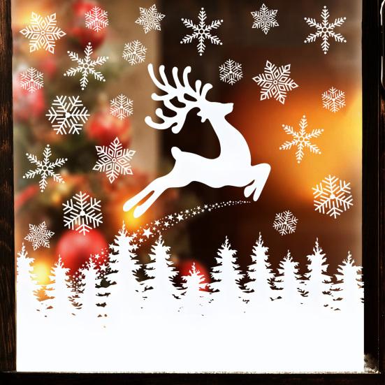 Christmas Window Clings White Elk Clings, Snowy Xmas Tree Windows Stickers, Shop Display Winter Forest Trees Decorations for Party Home Office