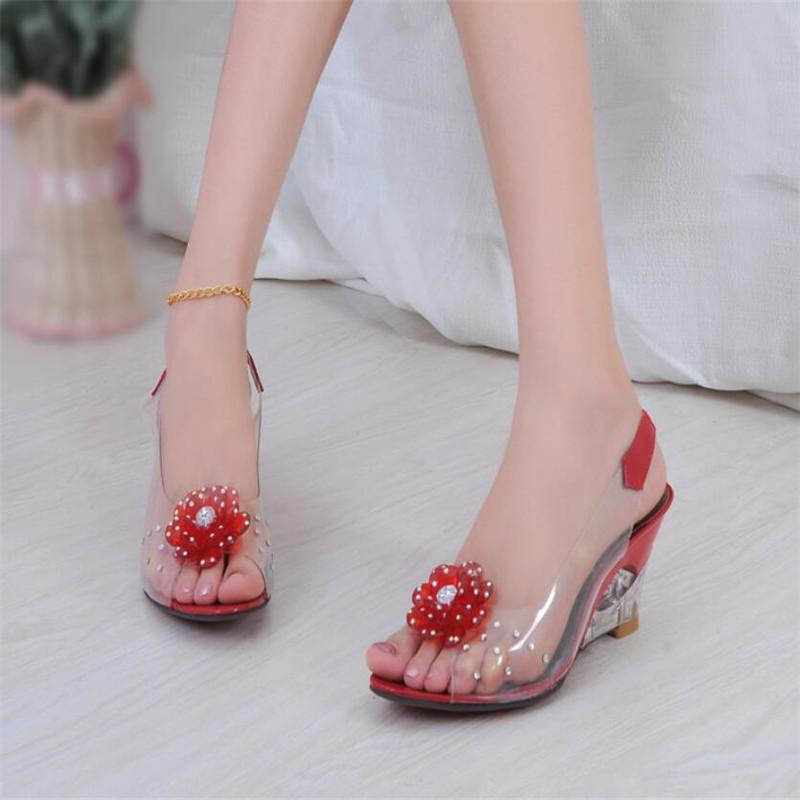 Wedges Sandals Women Summer Sweet Flowers Transparent Open Toe High Heels Sandals Fish Mouth Sandals Plus Size 30-45