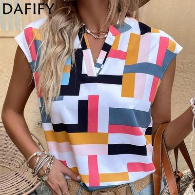 Women's Fashion Summer Spring Casual Geometric Print Sleeveless V-Neck Blouses & Shirts