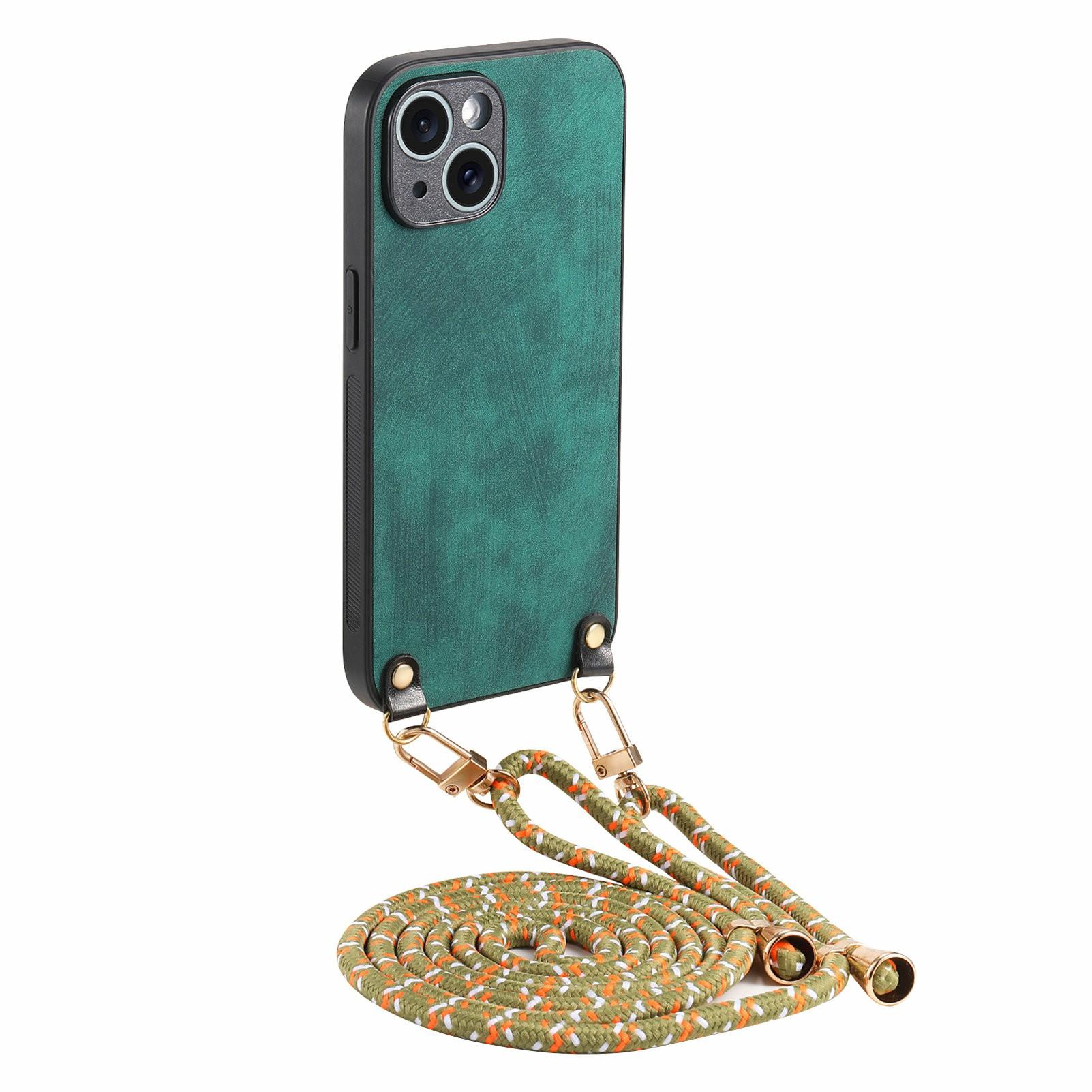 

For iPhone 15 Case Retro Texture Leather Coated PC+TPU Phone Cover with Hanging Rope A