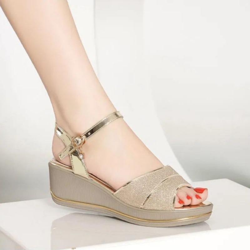 Fashion Womens Sandals for 2025 Orthopedic Platform Summer New Fashion Elegant Roman Rhinestone Wedge High-Heeled Sandal Woman Silver