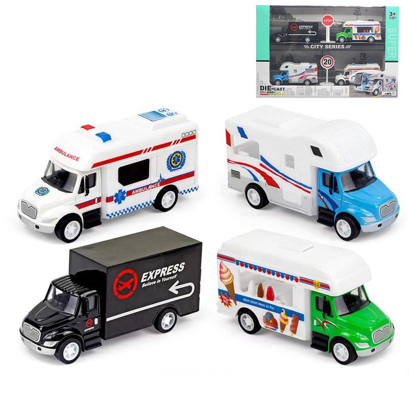 

4 шт., набор моделей автомобилей Pullback City, игрушечные автомобили из сплава, игровой набор, серия City, модель грузовика с открытыми дверями, игрушка Size:8.5*3*4cm,4Pcs