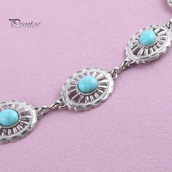 Exotic Lace Metal Ring Belt Waist Chain for Women, Adjustable Fit Waistband with Turquoise Decor, High Retro Ethnic Style Dresses Skirts Beachwear