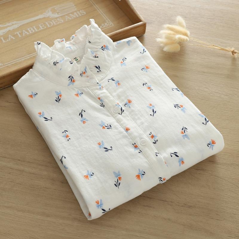 Løvetannmønstret bomullsgarn langermet skjorte for kvinner om høsten løs slankende skjorte topp bluser og skjorter