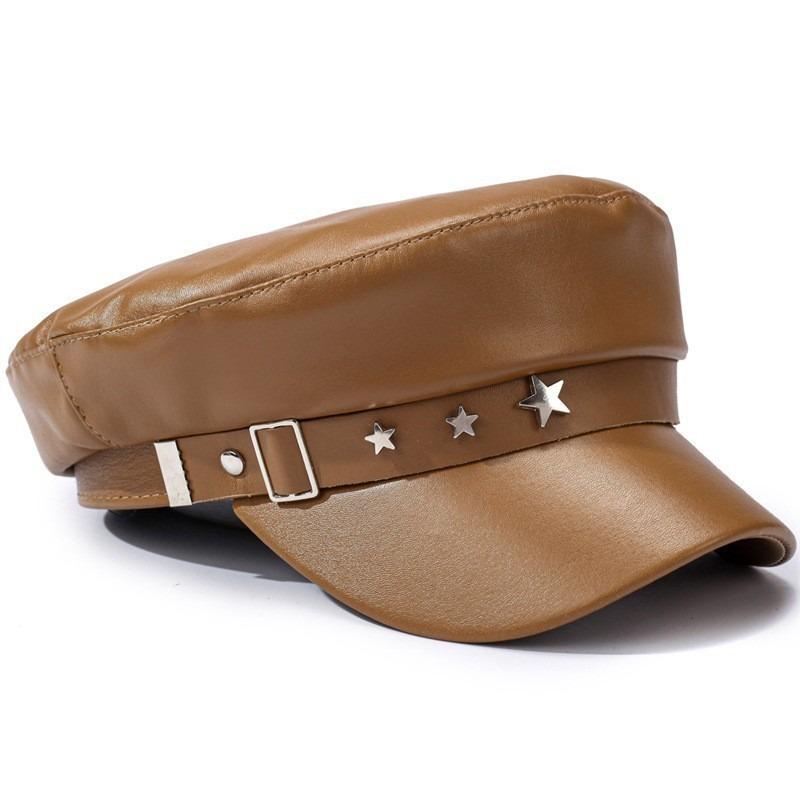 Pentagram leather buckle navy hat autumn and winter hat women's leather duck tongue beret versatile showing small face