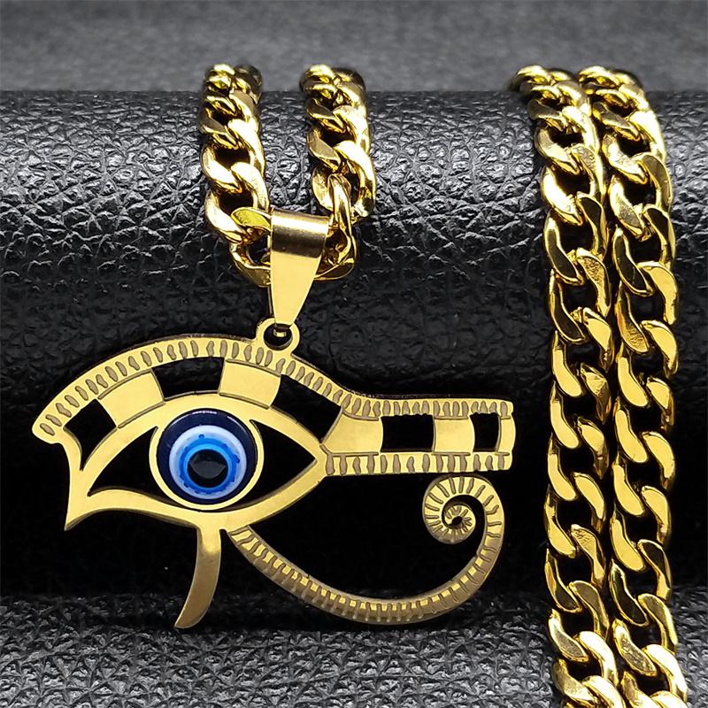 Turkish Evil Blue Eye of Horus Necklace Women Men Stainless Steel Hip Hop Egyptian Pharaoh Necklaces Fashion Jewelry 9716