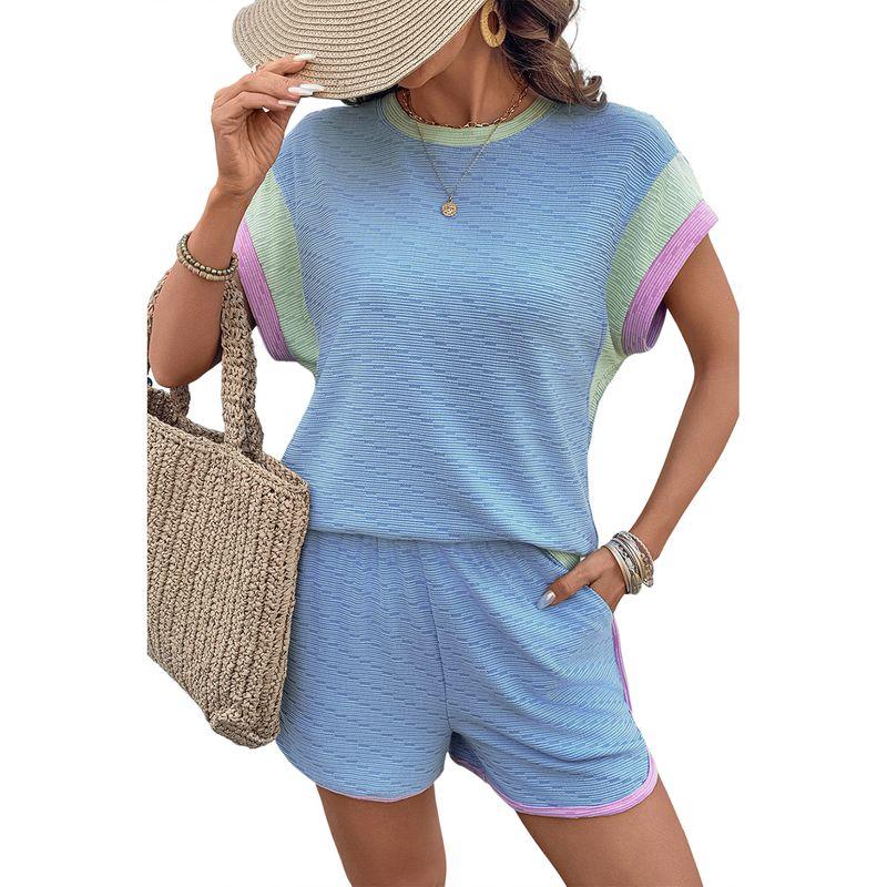 

American Shiying Color Matching Sports Style Fashion Set Women 2025 Summer New Short sleeve Shorts Two-piece Set Women Blue S code fits (45.00 kg-55.00 kg