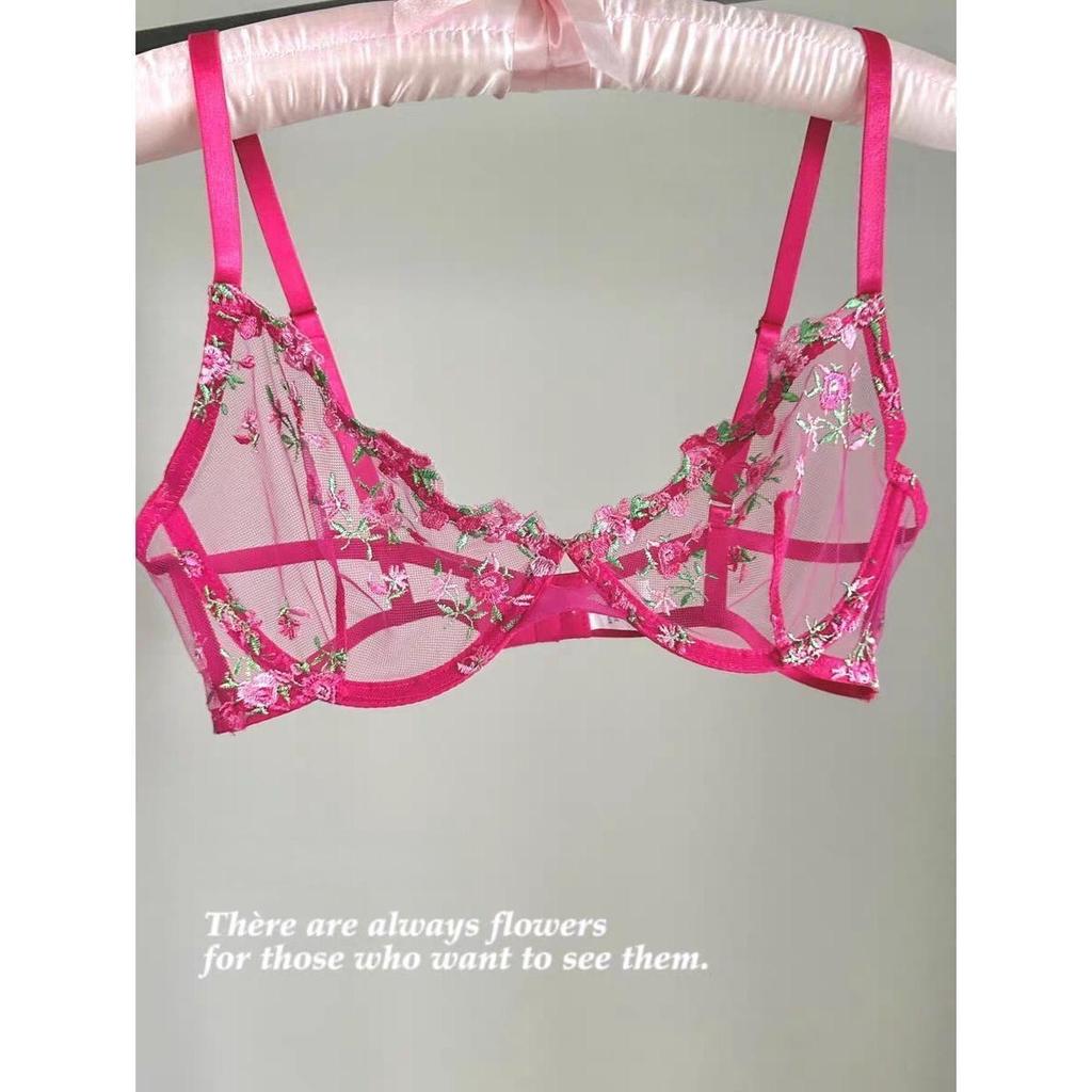 French floral embroidered underwear women's big breasts show small sexy transparent steel ring upper support anti-sagging bra cover