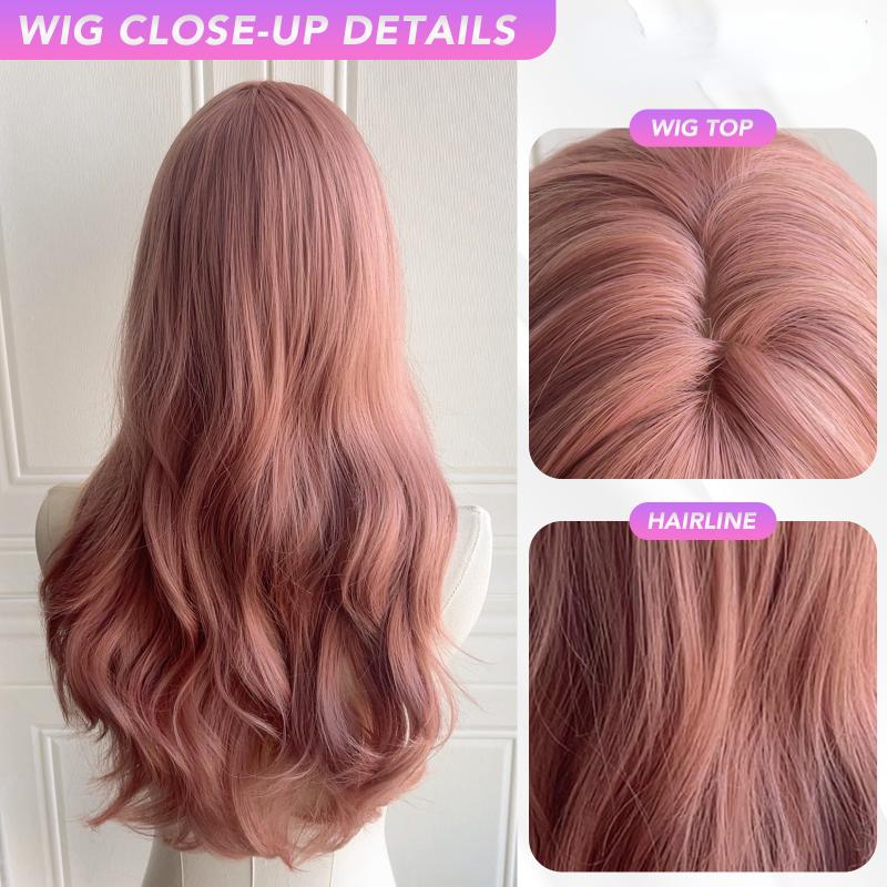 Pink Brown Curly Wigs Air Bangs 24 Inch  Fiber Synthetic Wigs Heat-resistant Natural Party or Selfie For Women Korean Fashion