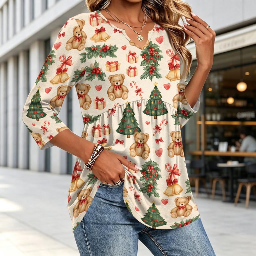Women's Casual V-Neck Three-Quarter Sleeve Christmas Print Blouse for Holiday Party