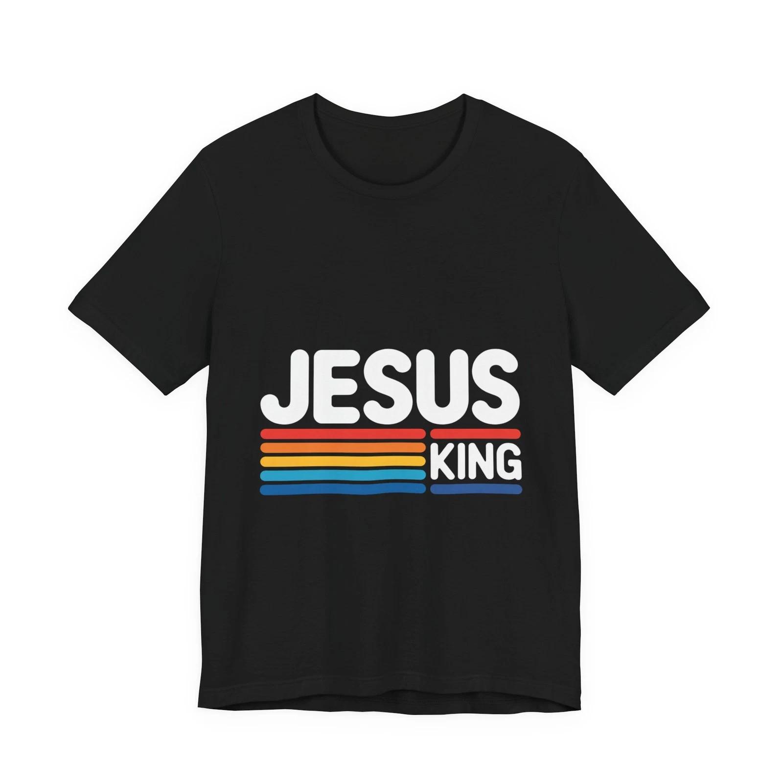 

Jesus King T-Shirt | Retro Rainbow Stripes, Christian Faith Tee S