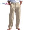 Pantalones de playa para hombre de algodón y lino con cordón - Pierna recta, color liso, pantalones transpirables con detalle de botón