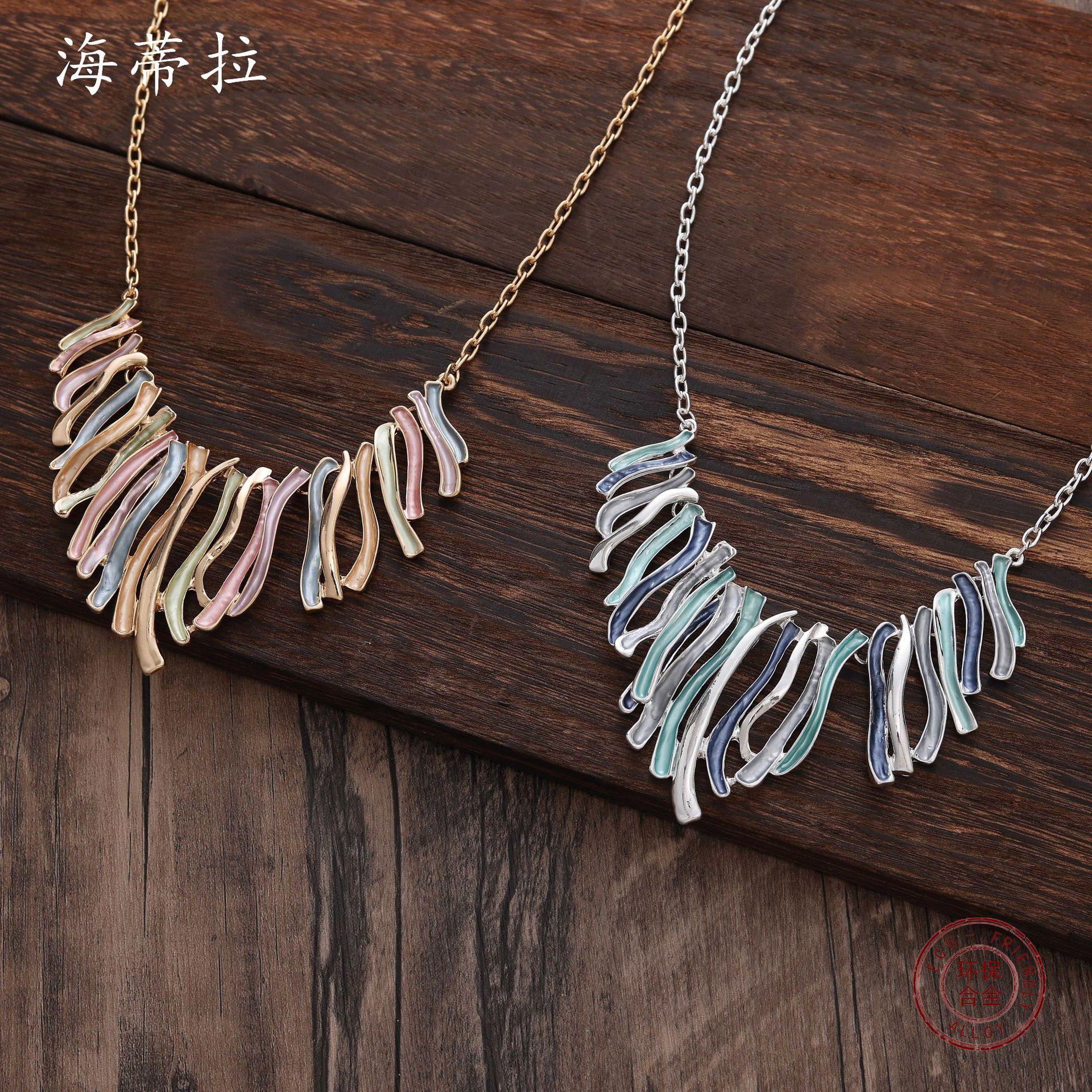 

New colored line alloy necklace, irregular line dripping oil women s niche neck chain
