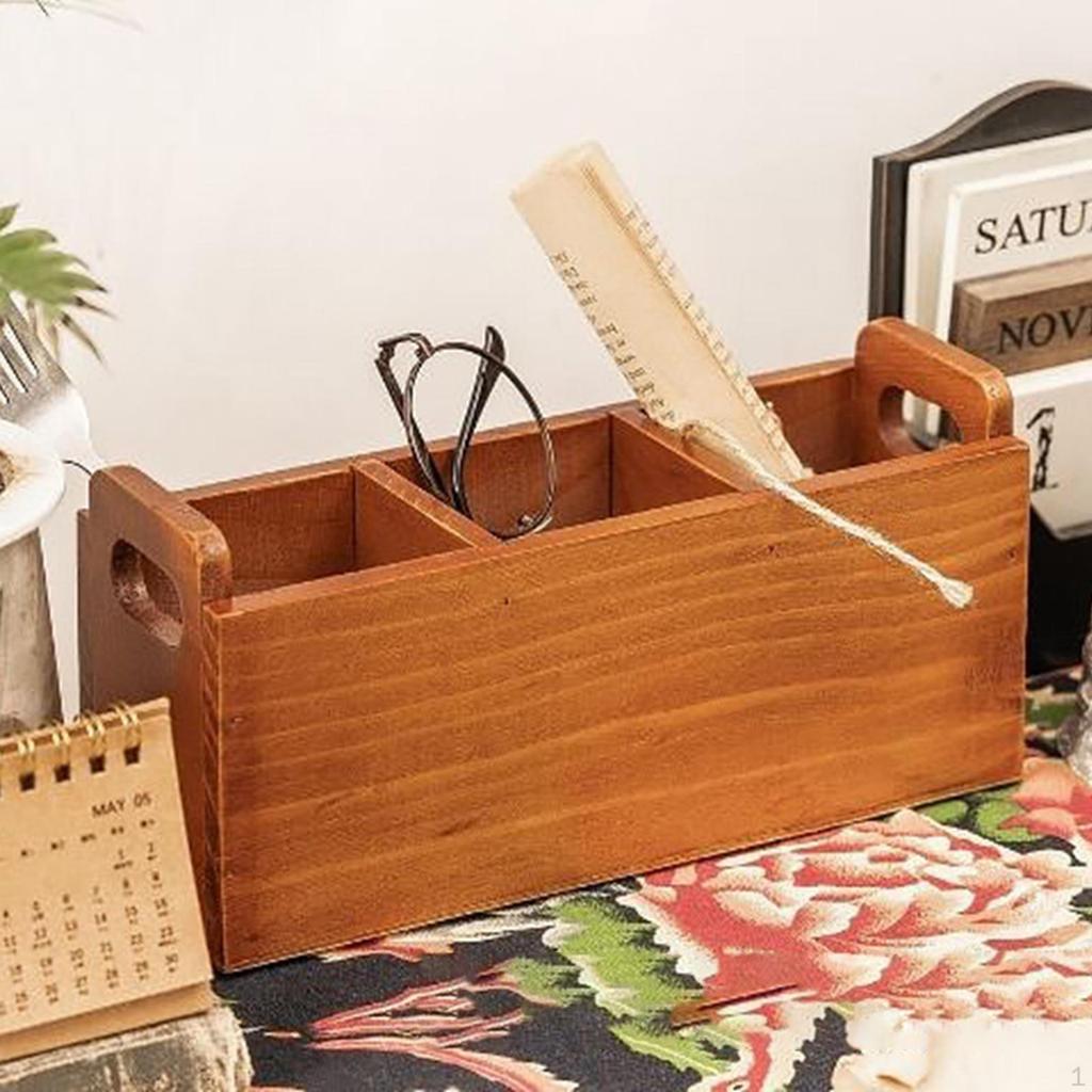 Wooden Storage Box Desktop Stationery Holder with Handle Accessory Organizer Office Supplies for