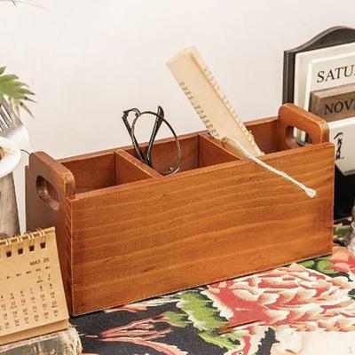 Wooden Storage Box Desktop Stationery Holder with Handle Accessory Organizer Office Supplies for