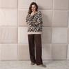 Women's Autumn and Winter Leopard Print Jacquard Crew Neck Knitted Sweater Loose Shoulder Lantern Sleeve Casual Pullover