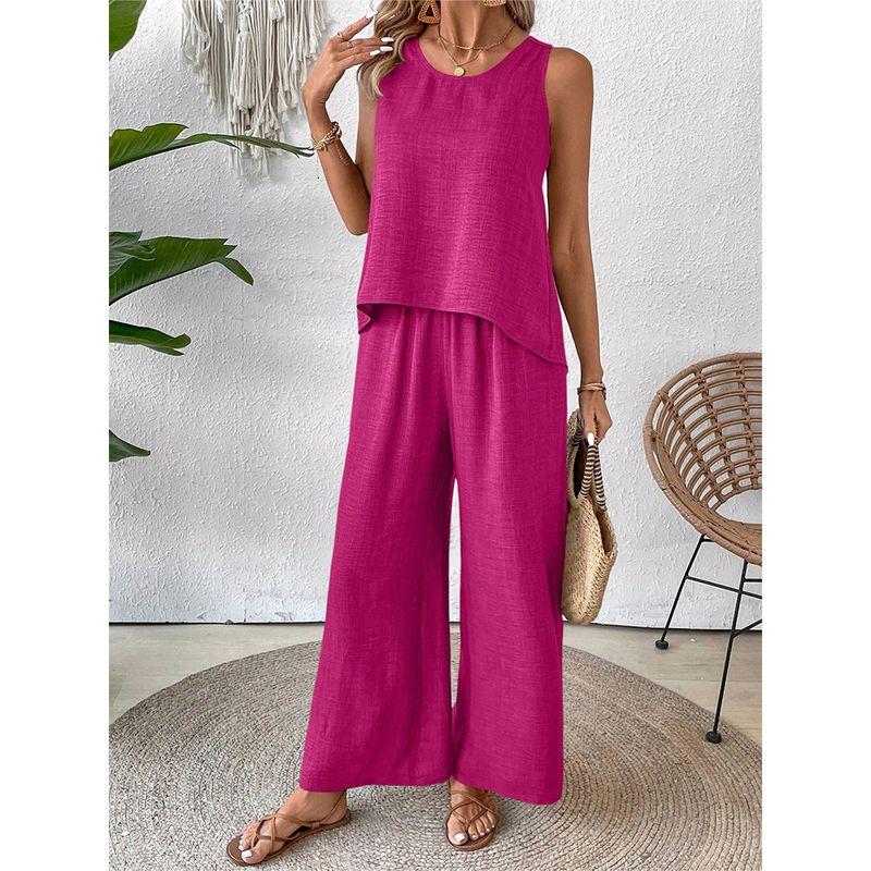 

Vest and Pants Set Women New Summer Hollow Lace Fashion Casual Vest Wide Leg Pants Trousers Set Rose Red S
