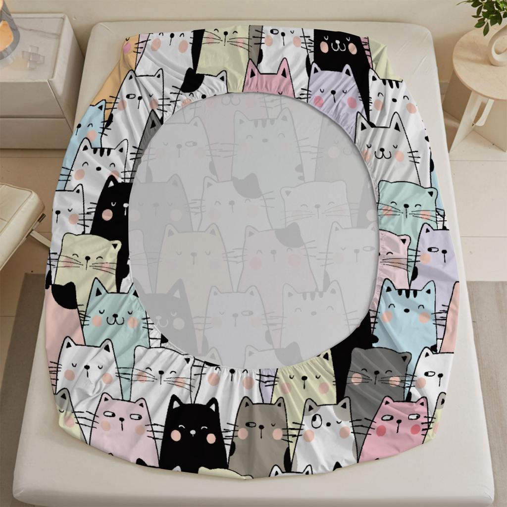 3pcs Fitted Sheet Set Cute Cat Pattern Print Design Bed Sheet Easy Care Anti-Slip With Pillowcases For Bedroom Decor