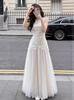 Celebrity daughter design small dress lace mesh splicing waist long dress sleeveless vest dress