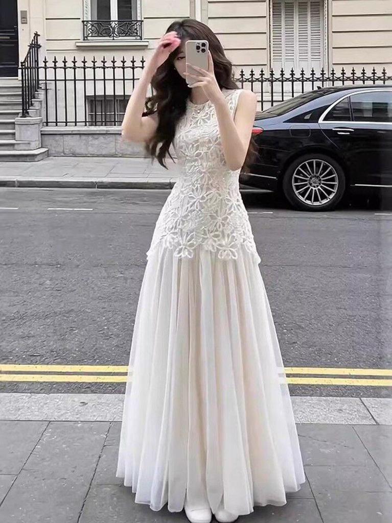 Celebrity daughter design small dress lace mesh splicing waist long dress sleeveless vest dress