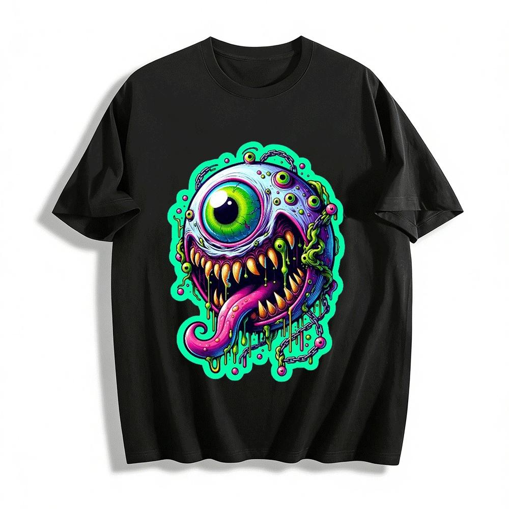 Weird Multi-Eyed Slime Monster Print Trendy Street Casual Top Pure cotton T-shirt XXS