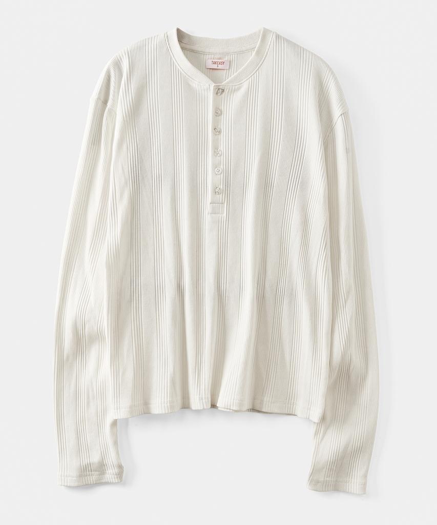 TAKEASY Ribbed Crop Henley Neck (White)