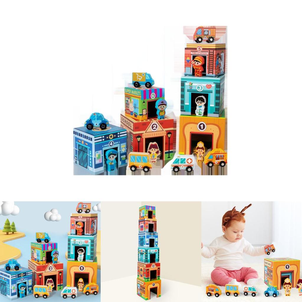 Wooden Stacking Toy Set For Early Education And Logic Development With Traffic Scene For Kids