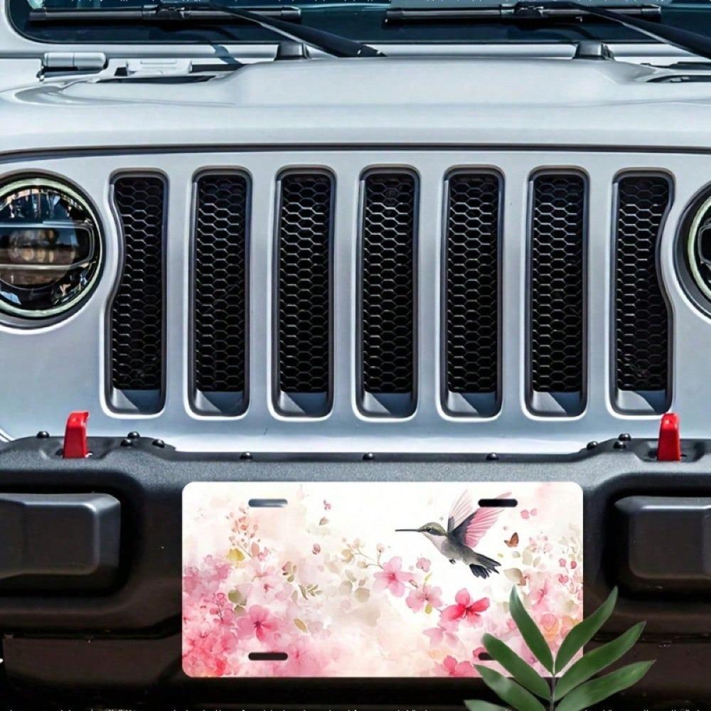 Sakura Hummingbird License Plate Frame, Rustproof Aluminum 2D Flat Car Tag Cover, 5.9x11.8in Floral Decorative Exterior
