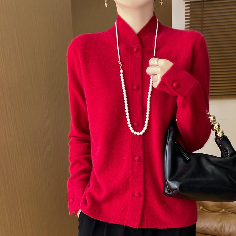 2024 Women's Stand Collar Wool Knit Qipao Cardigan - Casual Versatile Solid Color Sweater for Autumn/Winter