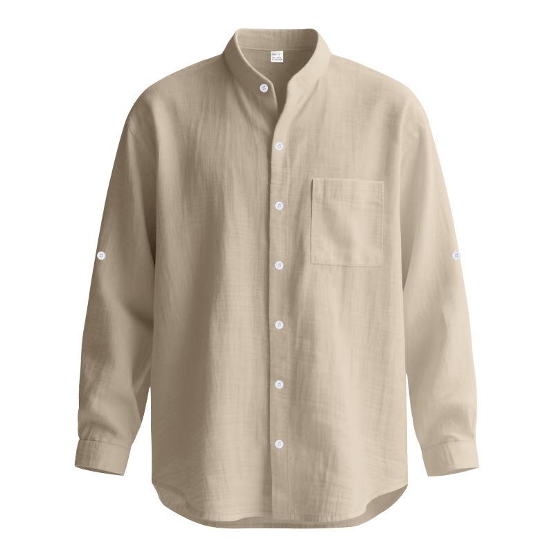 New Spring/Autumn Linen Long-Sleeved Men's Shirt Casual Beach Holiday Stand-Up Collar Commuter Shirt