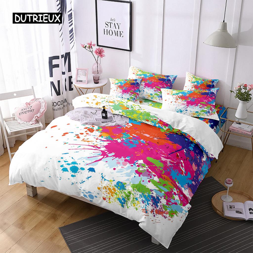 Set Copripiumino Acquerello Nero Multicolore Stampa Disegnata a Mano Biancheria da Letto Matrimoniale Microfibra Motivo Astratto Copripiumino