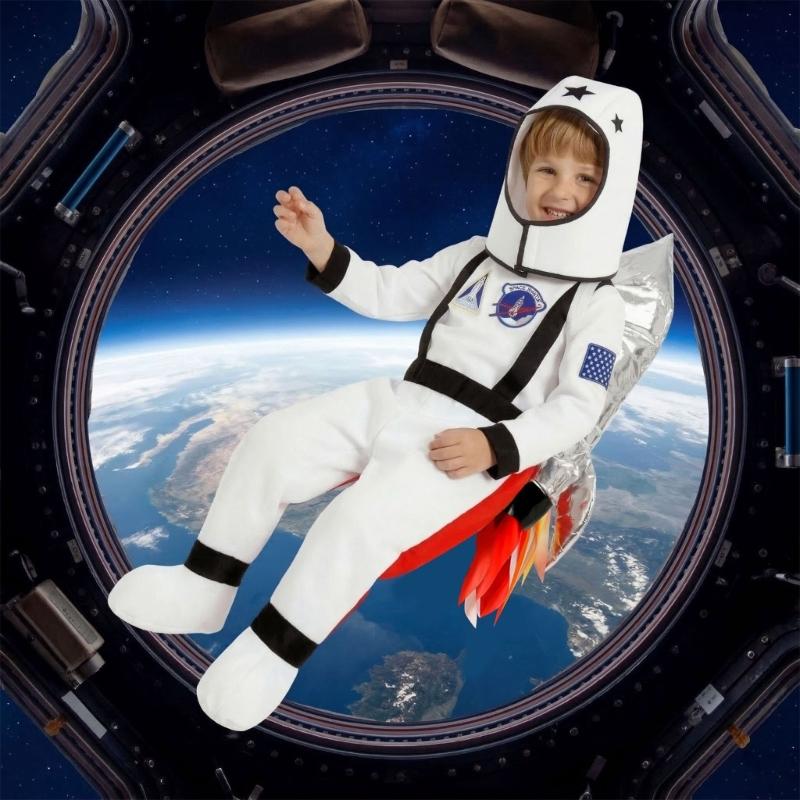 Astronaut Costume With 3D Rockets Backpack For Kids Role Play Science Theme Party And Stage Performances Soft Polyester Fabric