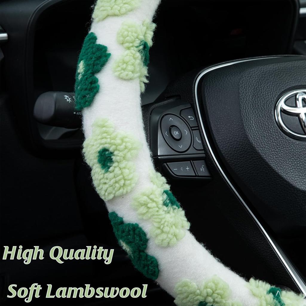 Green Plush Flowers Steering Wheel Cover Auto Jacquard Steering Wheel Protector, Anti-Slip, Breathable, Absorbing Sweat, Universal Car Accessories