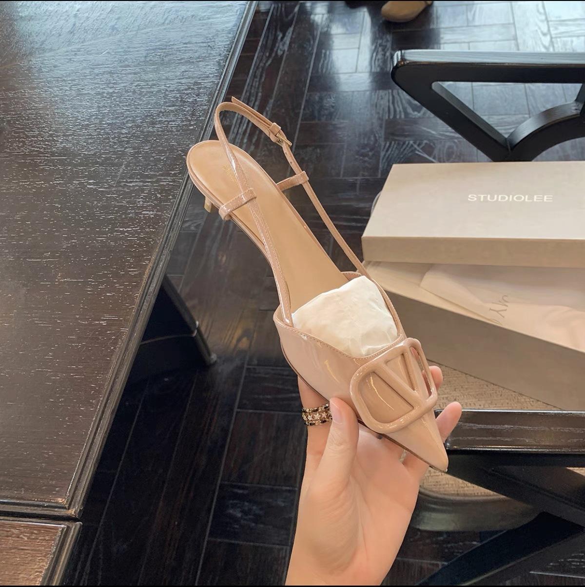 

Sheepskin version~ V buckle high heels women s summer versatile leather French pointed single shoes rear empty thin heel commuter sandals 34