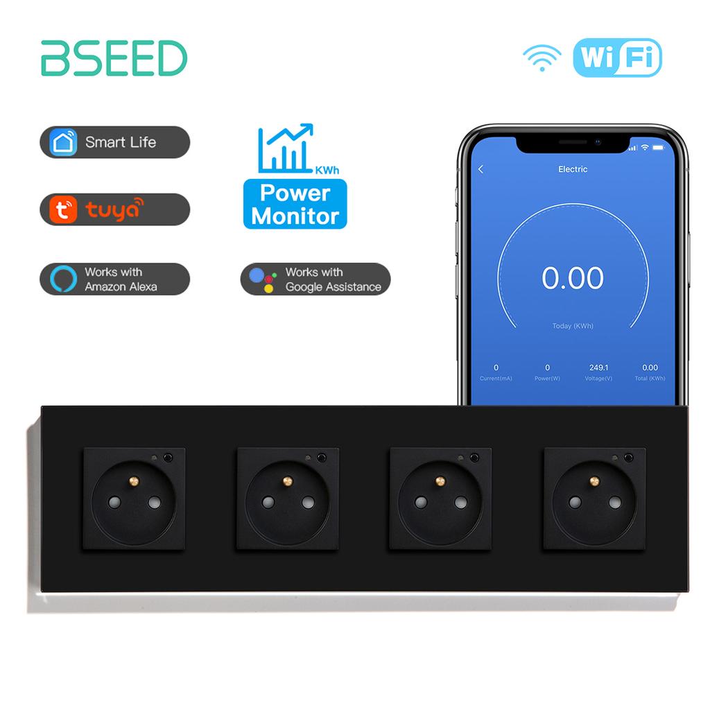 BSEED Single Wifi French Socket Double Power Monitor Wall Sockets Triple Smart Outlets Glass Frame Tuya Smart Life Control