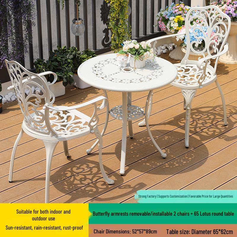 White Wrought Iron Cast Aluminum Outdoor Patio Table and Chairs Set - Waterproof Villa Courtyard Garden Balcony Furniture