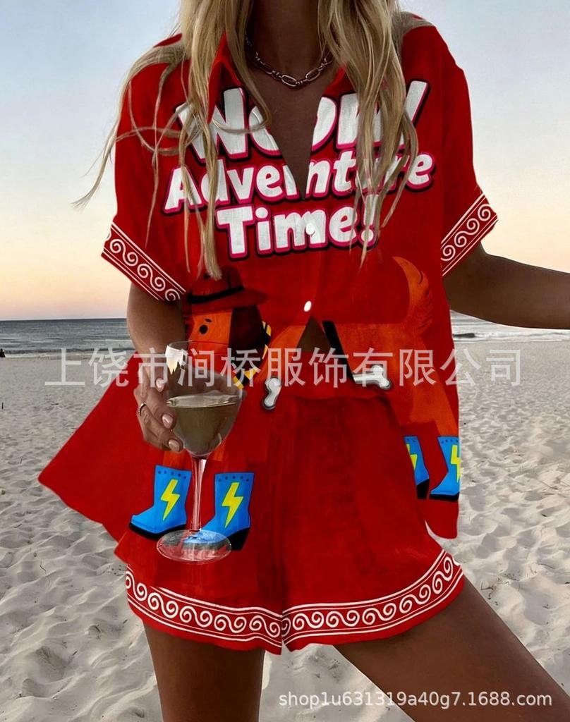 Hot Sale Casual Holiday Shirt Set Beach 1D Printed Shirt Shorts Women's Suit Customized-Made