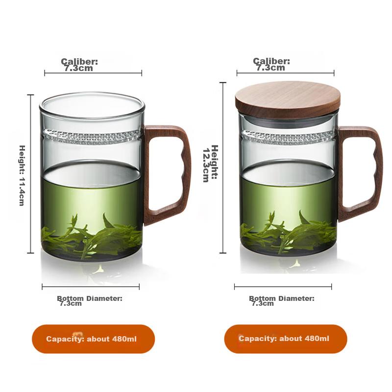 Moon-Shaped Glass Tea Cup, Heat-Resistant, with Separate Tea Infuser And Wooden Handle, Green Tea Brewing Tool