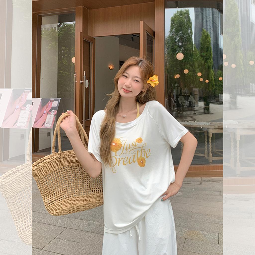 Slant Shoulder One-word Off-the-shoulder Letter Flower Print Short-sleeved T-shirt Women's Summer New Loose Temperament Design Top