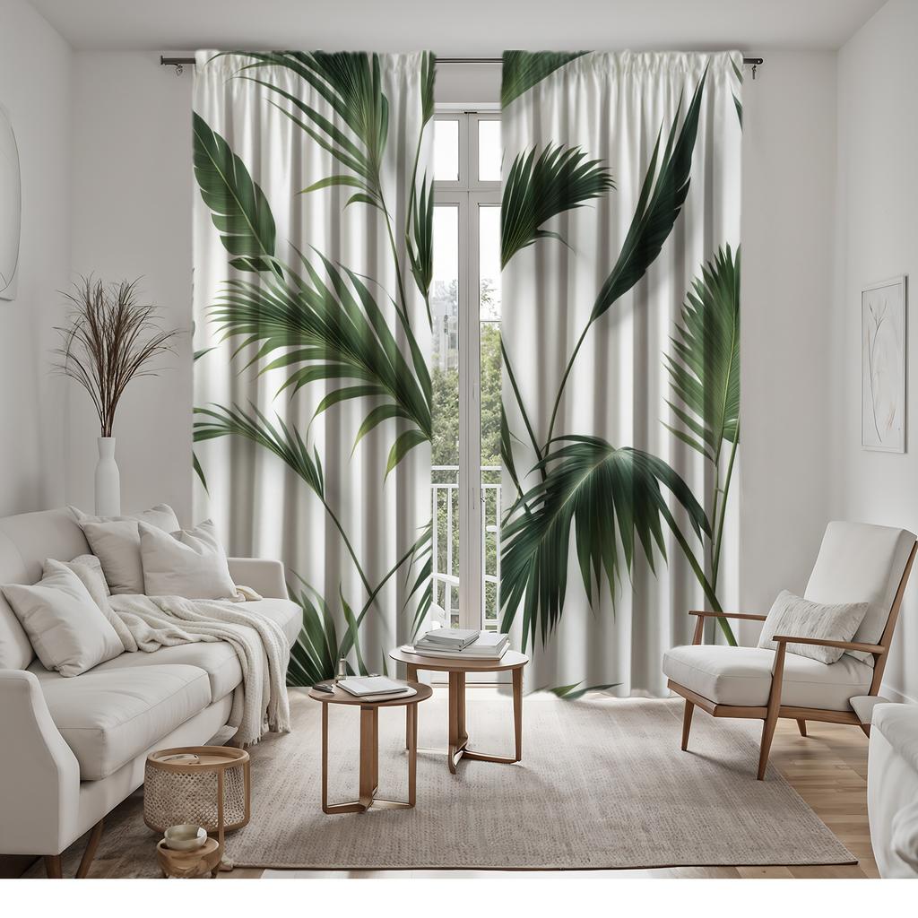 2pc Green plant print pattern curtains   polyester fabric   machine washable   suitable for living room and bedroom decoration
