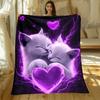1pc Purple Cats Hugging Heart Lightning Effect Flannel Blanket Soft Throw Bed Cover Romantic Animal Design Love Gift Home Decor