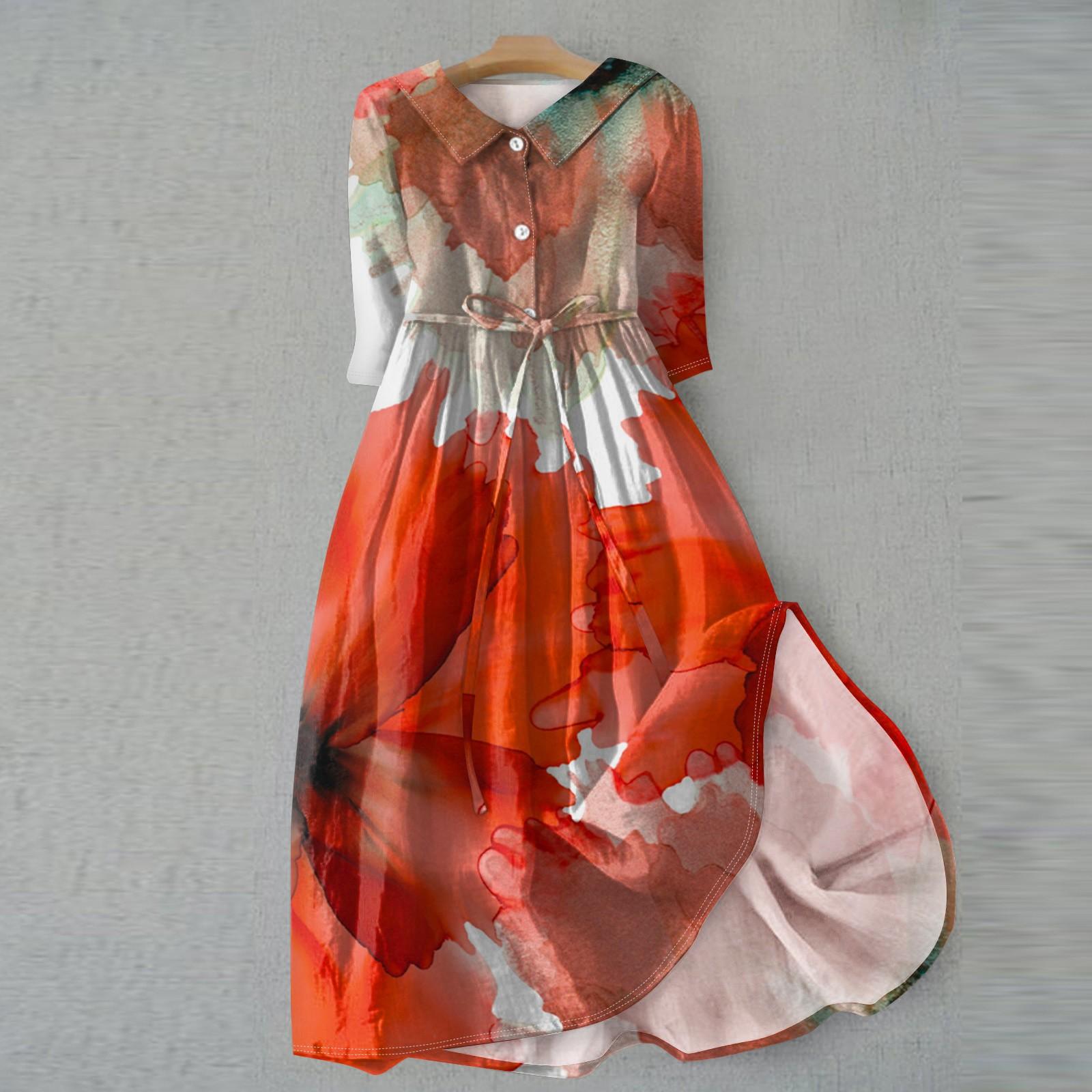 

Женское летнее повседневное модное платье с отворотом и пуговицами с рукавами три четверти и ремнем XL киноварь